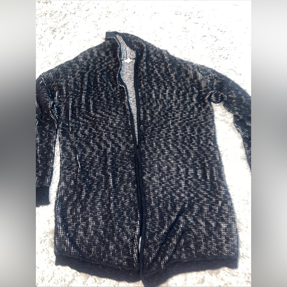 Eileen Fisher XS Marled Knit Cardigan Black White Open Italian Yarn